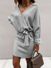  Solid Lantern Sleeve Mini Belted Dress