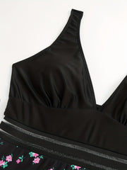  Ditsy Floral Mesh V Neck One Piece Swimsuit
