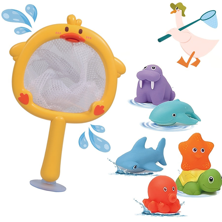 ROYLANZ Mixed Bath Toy Set Rabbit Duck Fishing Net Animal Shaped Play Set