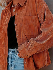  Solid Corduroy Long Sleeve Button Up Lapel Collar Shirt Top