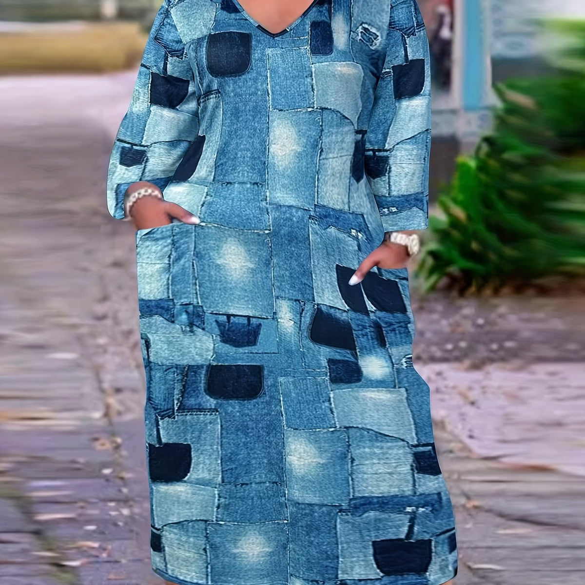  Patchwork Denim Print Maxi Dress