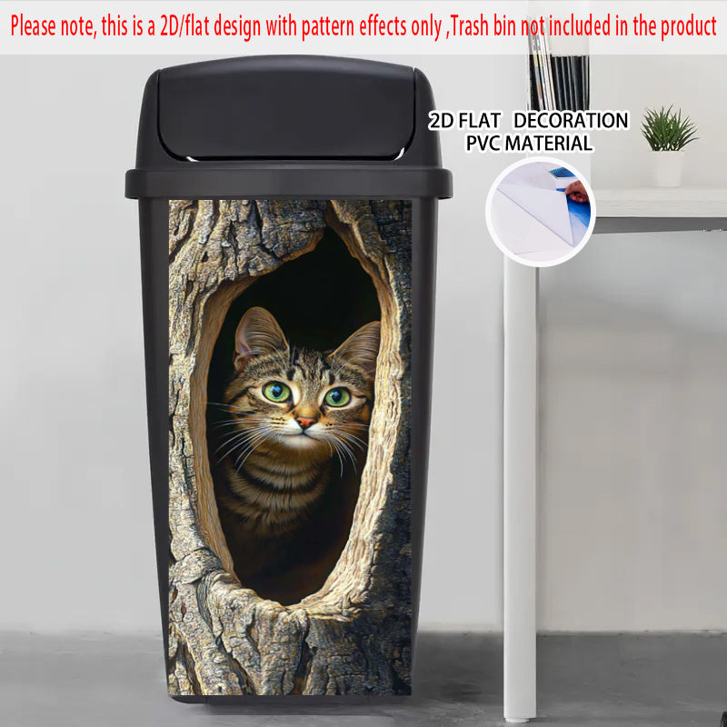 Realistic Tabby Cat Tree Hole Sticker Weather Resistant Art for Trash Bins