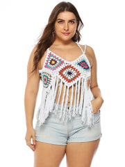  Crochet Bikini Top Fringe Trim Colorblock Swimsuit