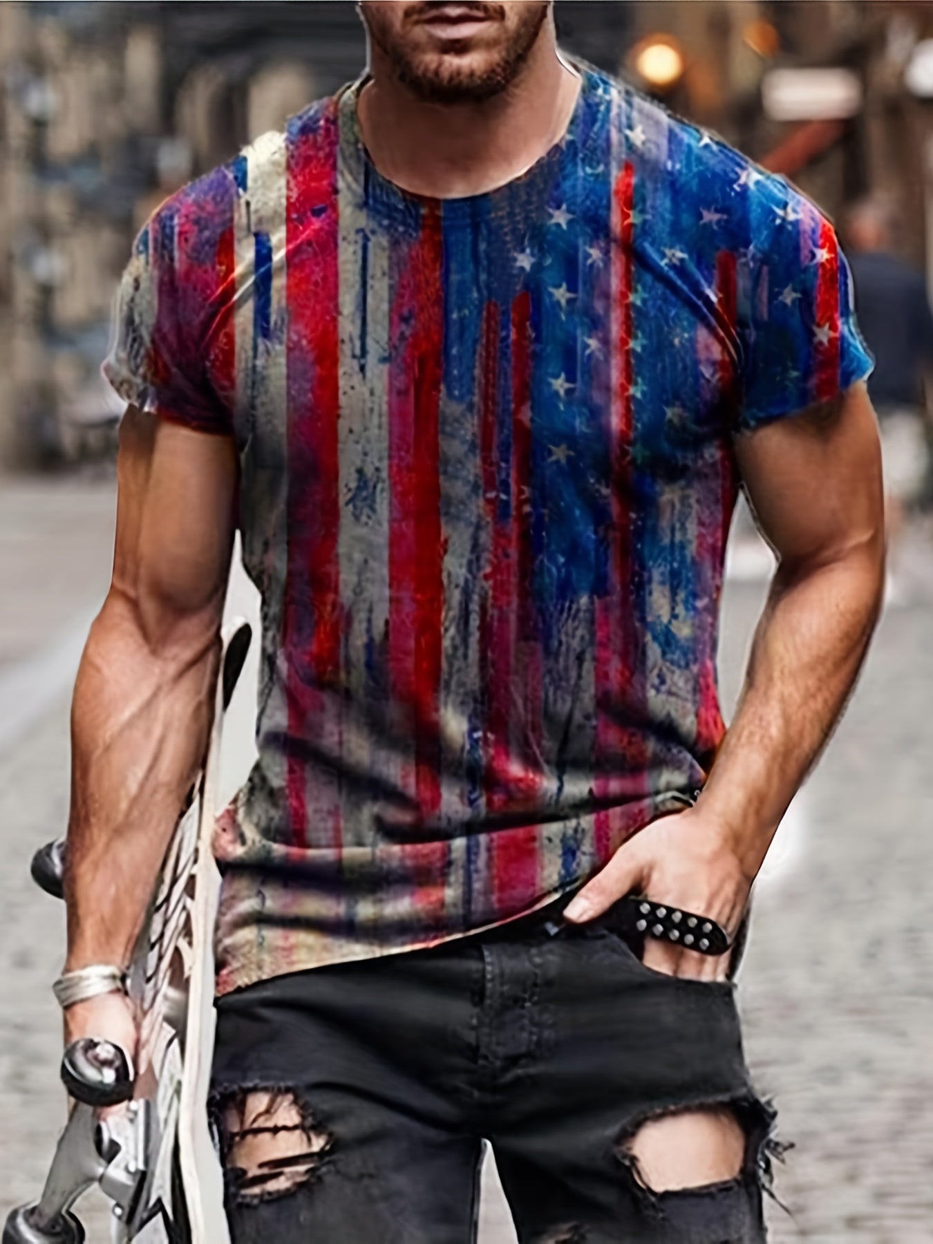 Men's Vintage American Flag Graphic T shirt Casual Slightly Stretch