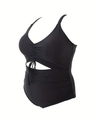  Lace Ruched Cut Out One Piece Swimsuit