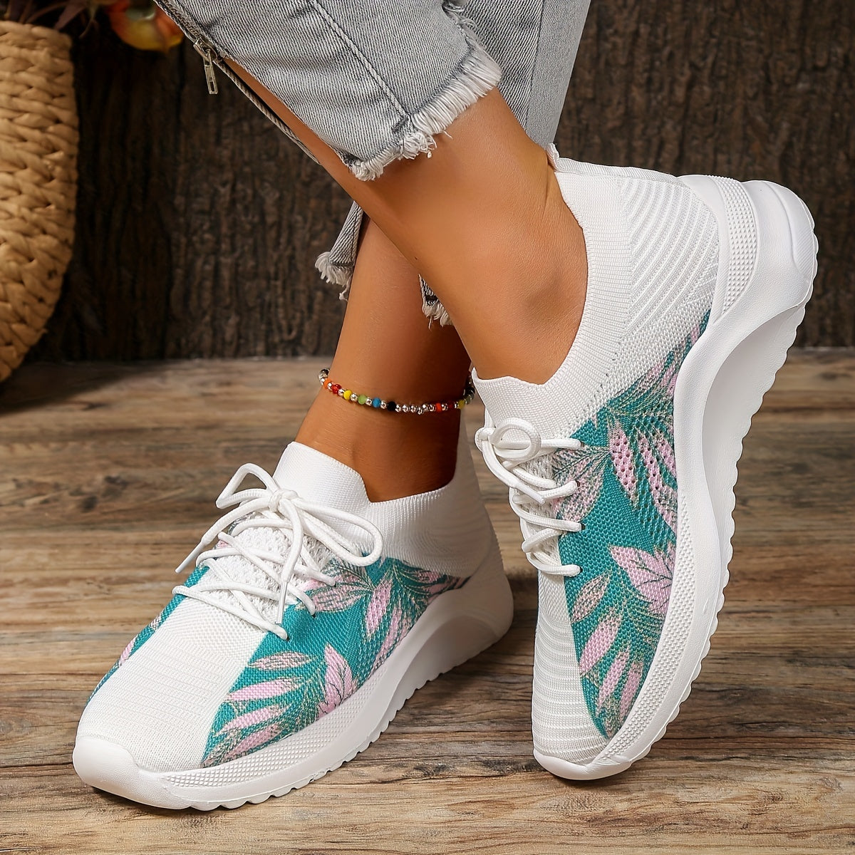 Women's Leaf Print Platform Sneakers Casual Lace Up Outdoor Shoes