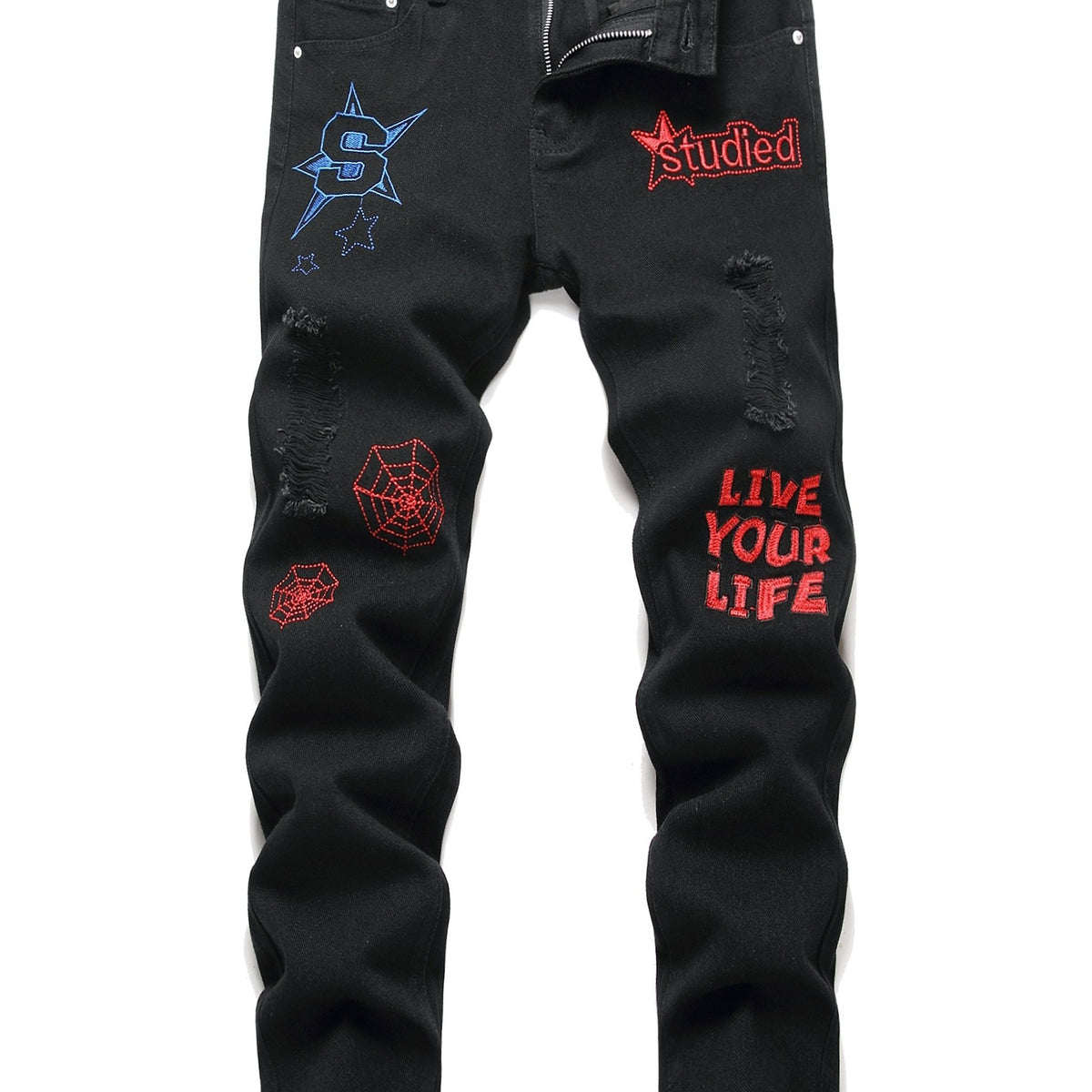 Boys Graffiti Letter Embroidered Slim Fit Jeans