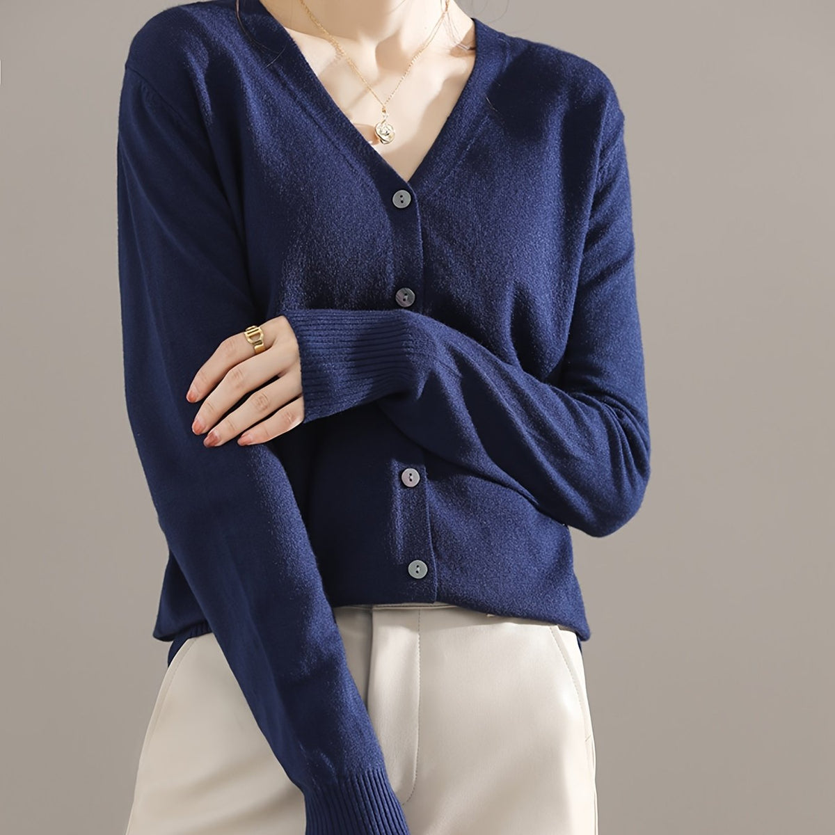 V Neck Solid Long Sleeve Cardigan for Women