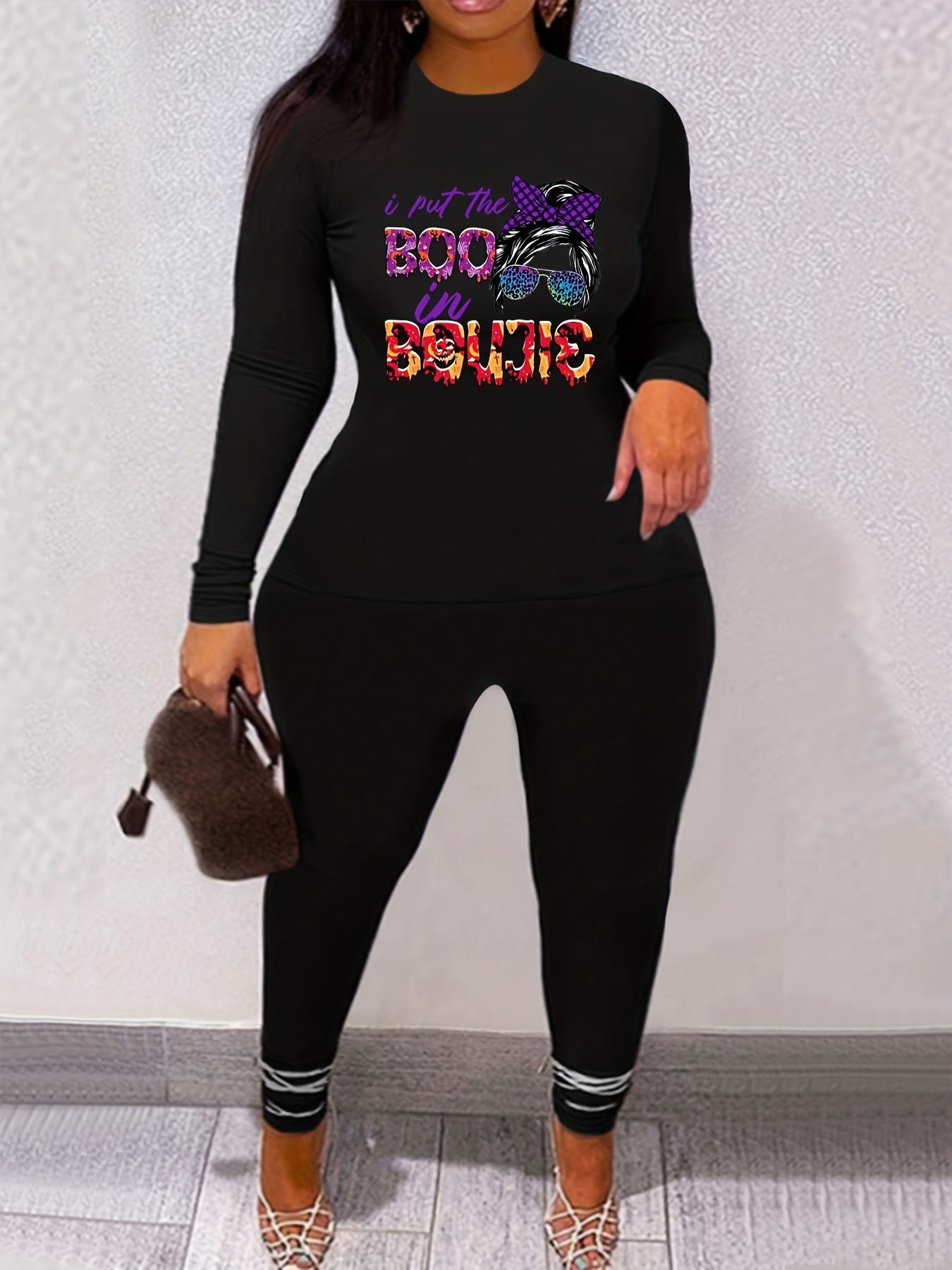 Halloween Casual Outfits Set Women's Plus Skull & Letter