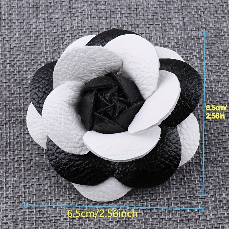 Unisex PU Leather Camellia Flower Boutonniere Stick Brooch Pin