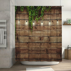 Rustic Wooden Board Shower Curtain with Green Leaves