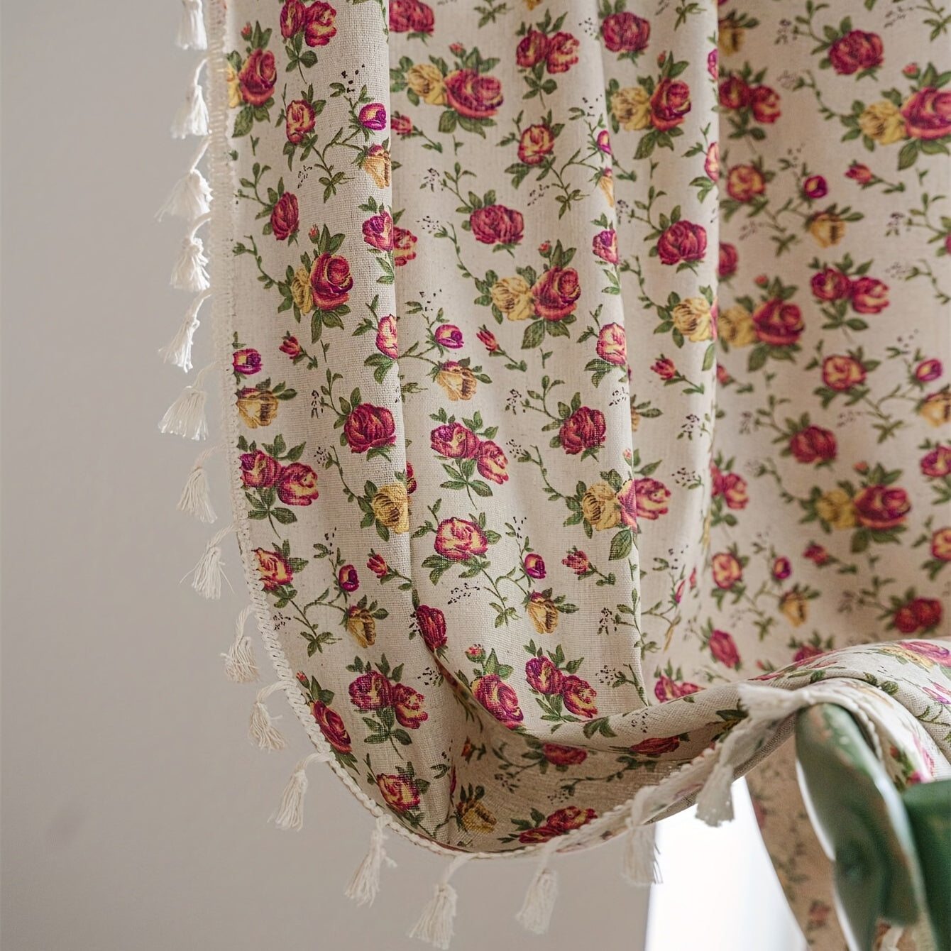 Boho Floral Curtain Soft Cotton Hemp Fabric for Living Room Bedroom Beige Tassel