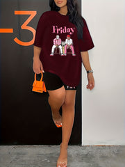  Cartoon Figure & Letter Print Top & Shorts Set