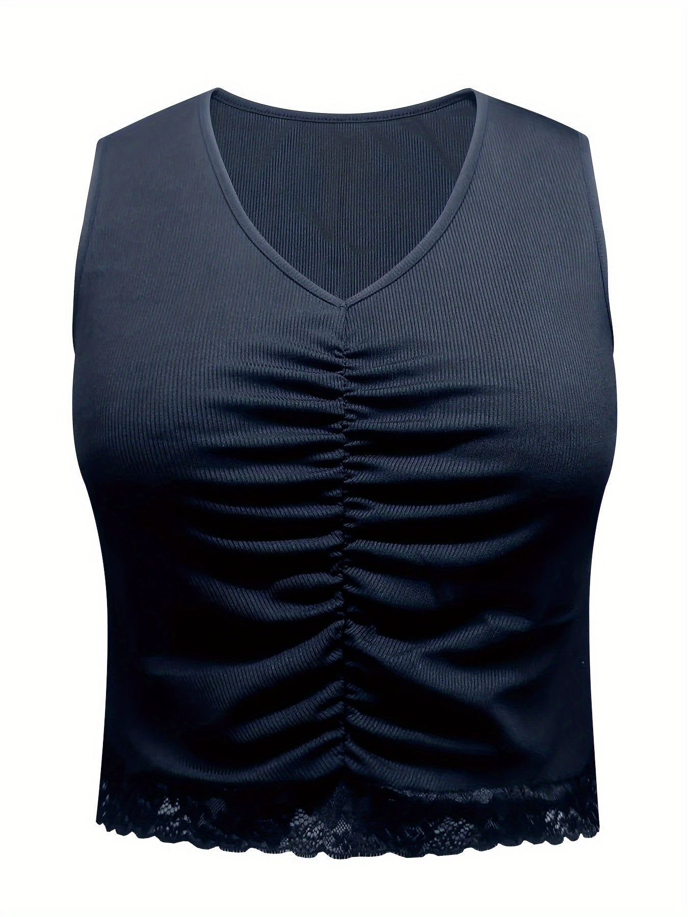  Sexy Tank Top Solid Ruched Lace Trim V Neck Medium Stretch Crop