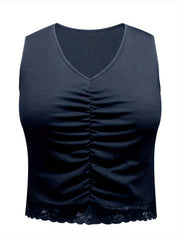  Sexy Tank Top Solid Ruched Lace Trim V Neck Medium Stretch Crop