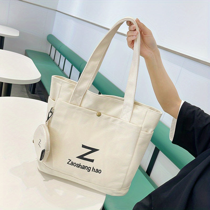Letter Print Canvas Tote Bag Set With Coin Purse
