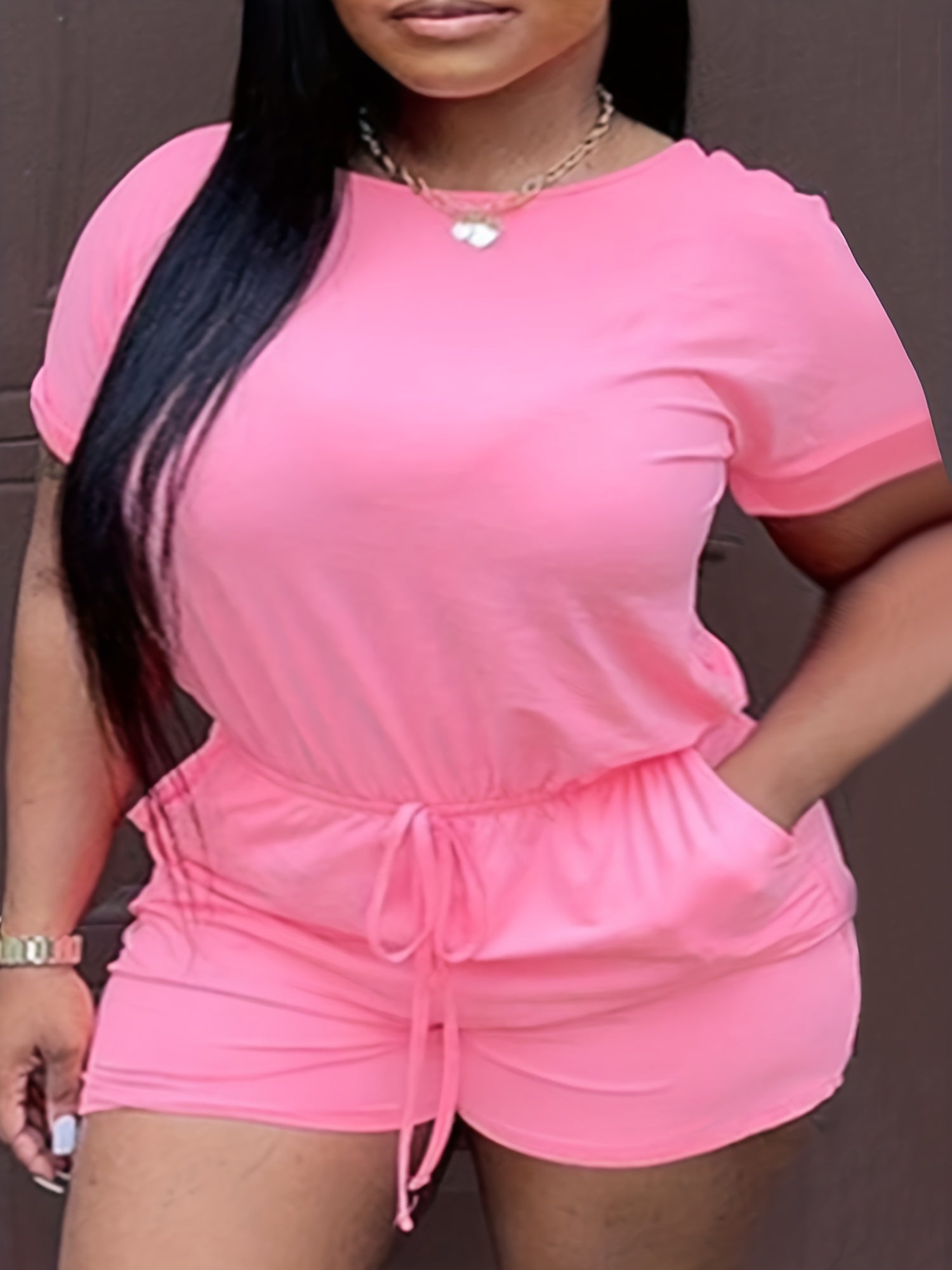  Casual Romper Women's Plus Solid Drawstring Cut Out Back Short Sleeve