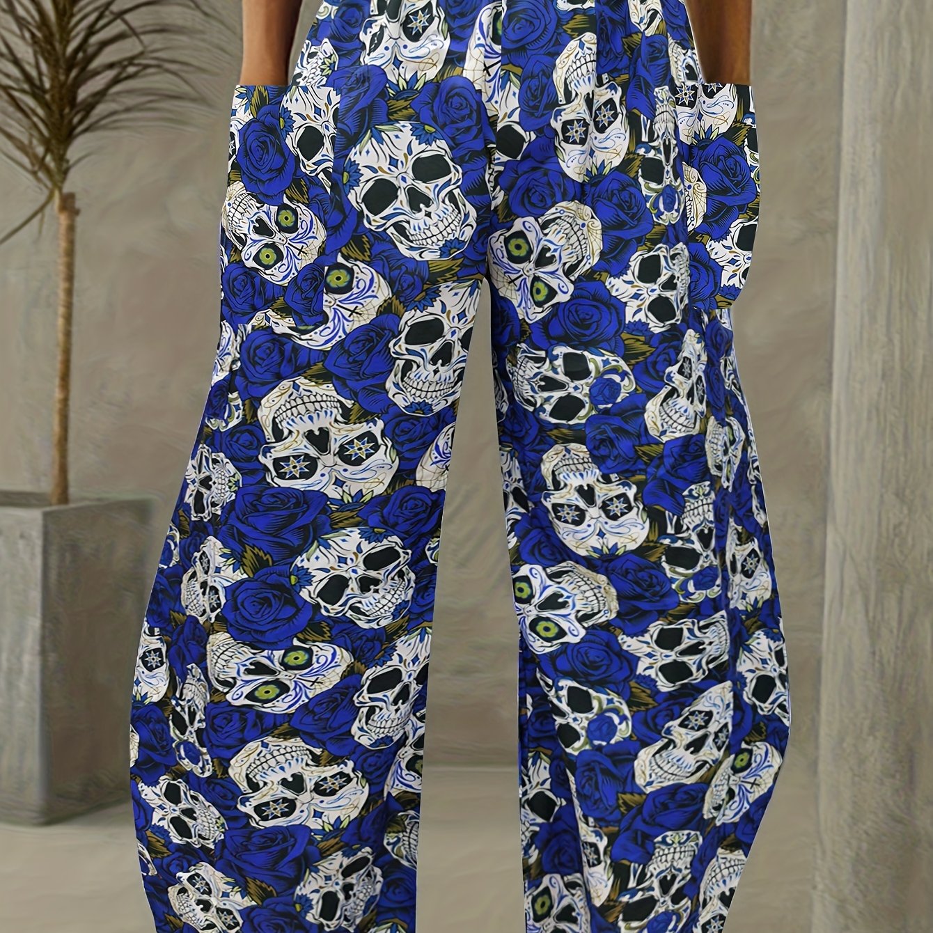  Women's Gothic Skull Print Wide Leg Trousers