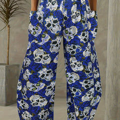  Women's Gothic Skull Print Wide Leg Trousers