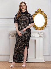  Contrast Lace Puff Sleeve Maxi Dress