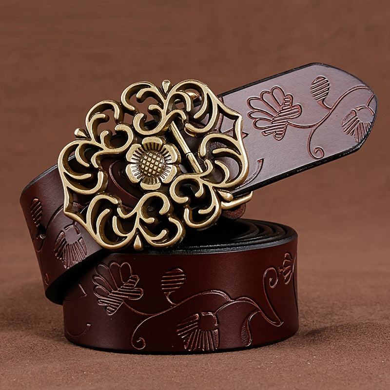 Vintage Flower Hollow Buckle Wide Leather Belt