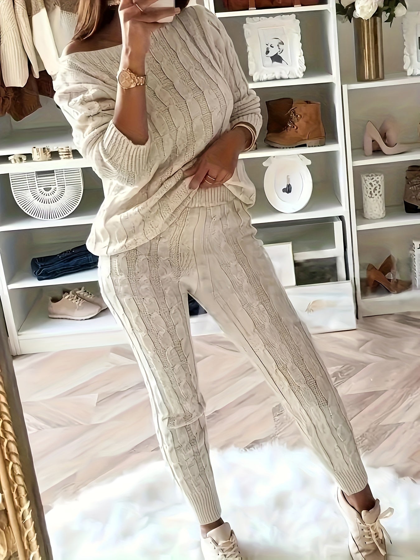  One Shoulder Cable Knit Jumper & Pants Set