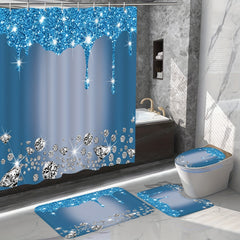 4Pcs Diamond Pattern Shower Curtain Set with Non-Slip Rugs