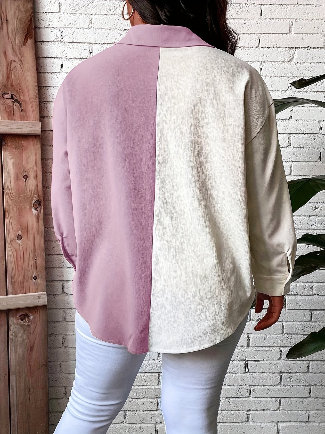  Colorblock Long Sleeve Button-Up Shirt Top With Pockets