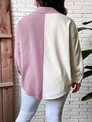  Colorblock Long Sleeve Button-Up Shirt Top With Pockets