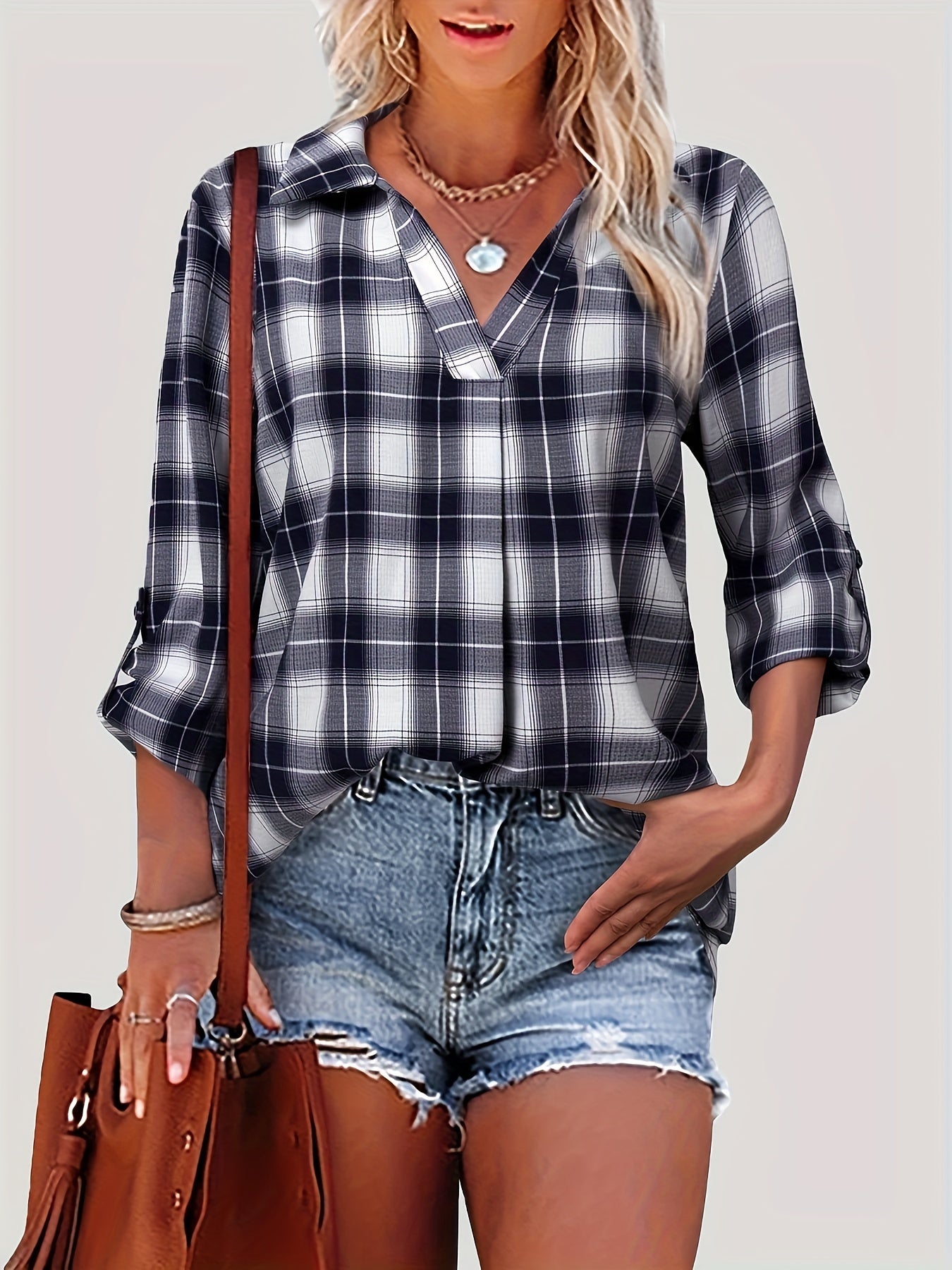  Plaid Print Roll Up Long Sleeve V Neck Blouse
