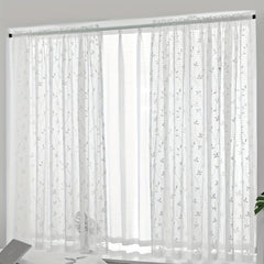 Pastoral Style Embroidery Sheer Curtain Branch Leaf Pattern Rod Pocket