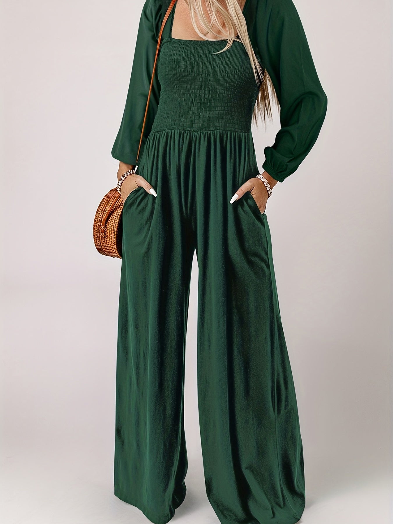  Solid Long Sleeve Square Neck Wide Leg Jumpsuit With Belt