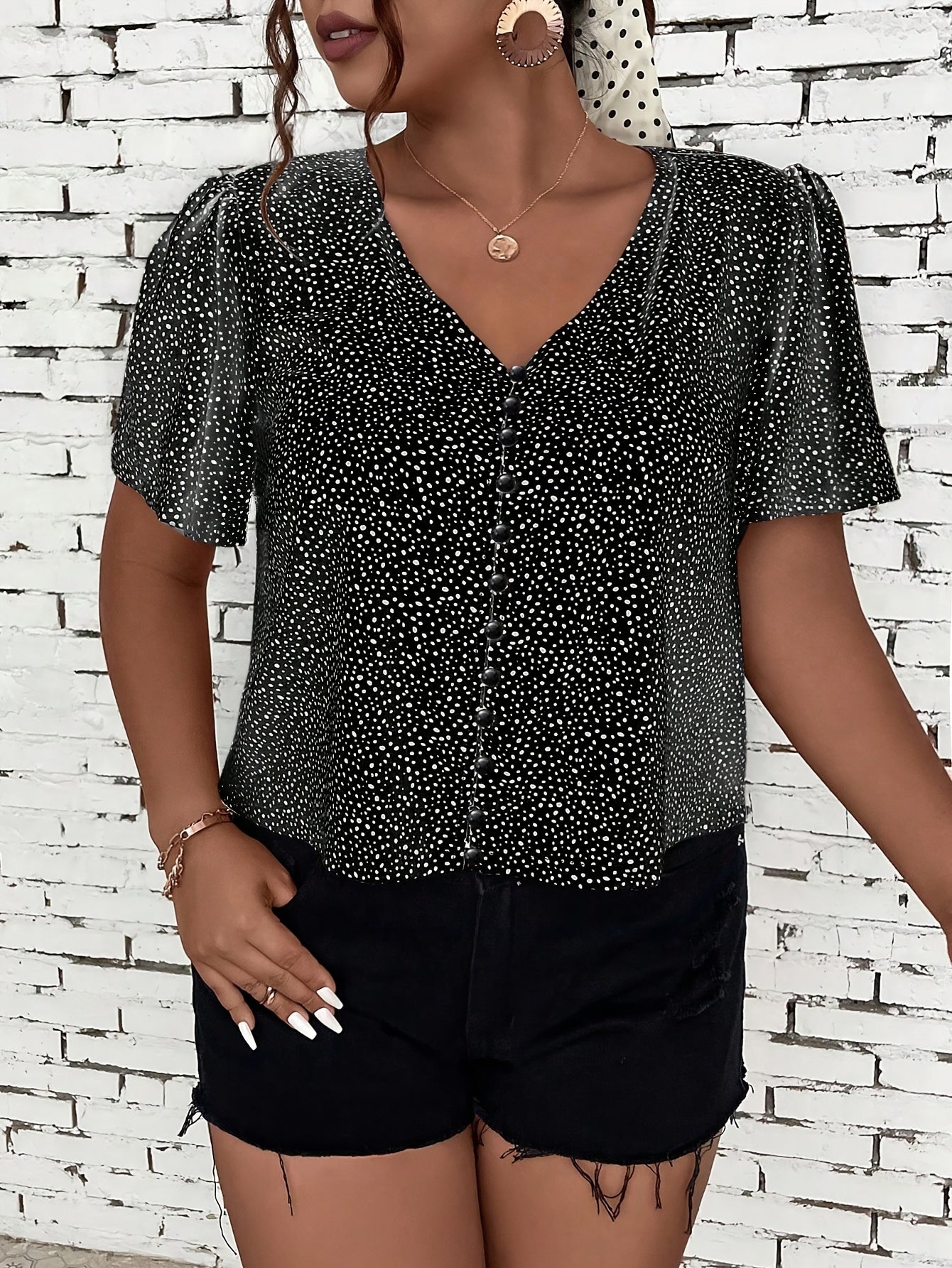  Dot Print Button Up Short Sleeve V Neck Top
