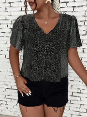  Dot Print Button Up Short Sleeve V Neck Top