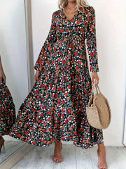  Floral Print Long Sleeve V Neck Maxi Dress