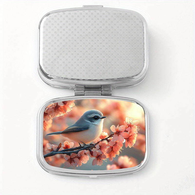 Compact 2 Compartment Pill Organizer with Bird Print