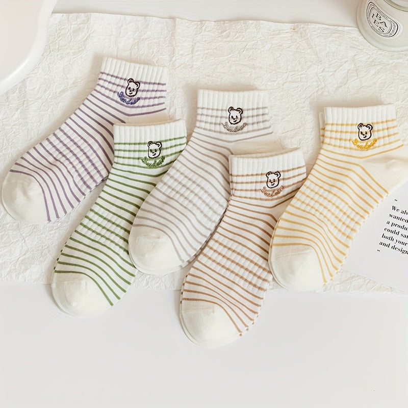 5 Pairs Cartoon Bear Print Socks Lightweight Ankle Stockings
