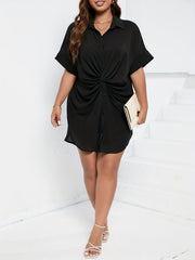  Twist Front Batwing Sleeve Button Up Collar Dress
