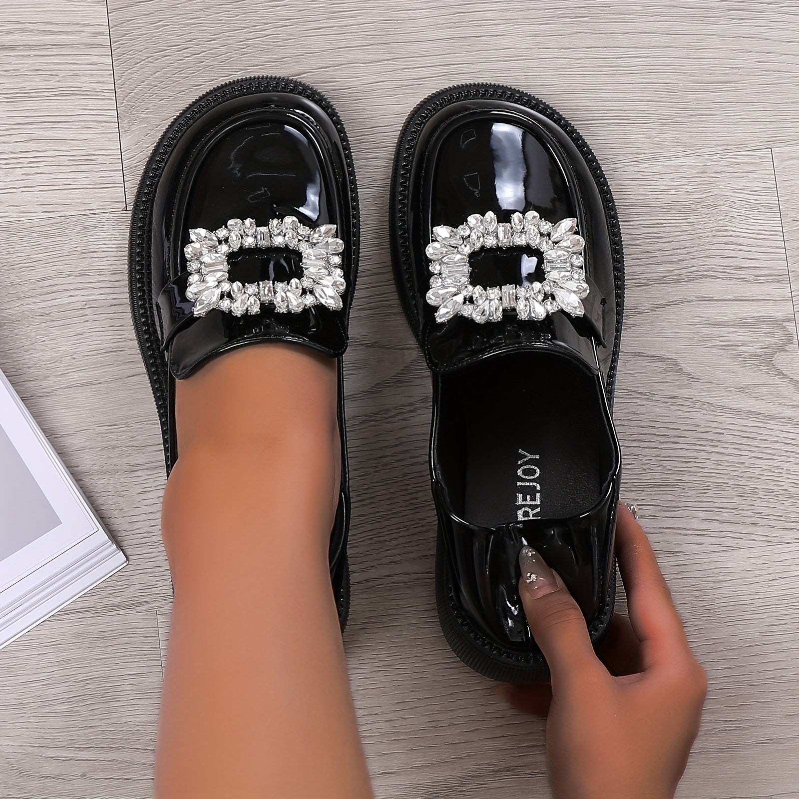 Rhinestone Chunky Heel Loafers Preppy Style Faux Leather Shoes