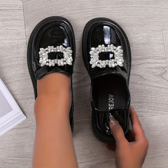 Rhinestone Chunky Heel Loafers Preppy Style Faux Leather Shoes