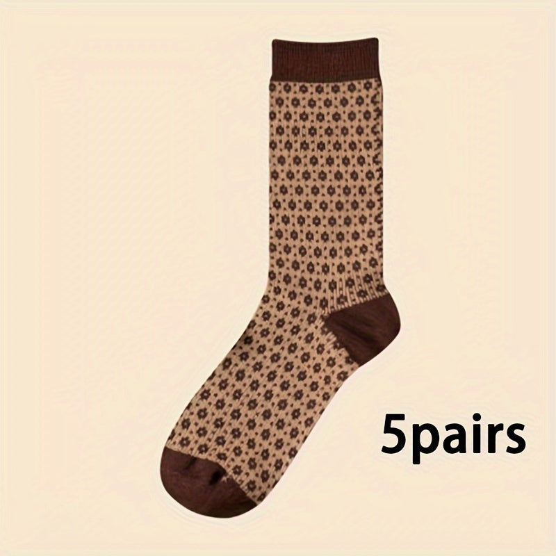 5 Pairs Vintage Pattern Crew Socks for Women