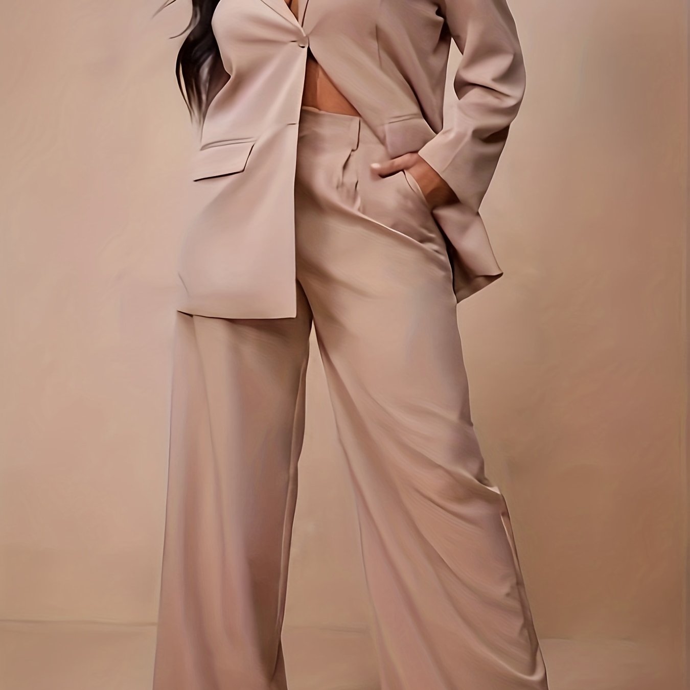  Solid Blazer & Loose Pants Set