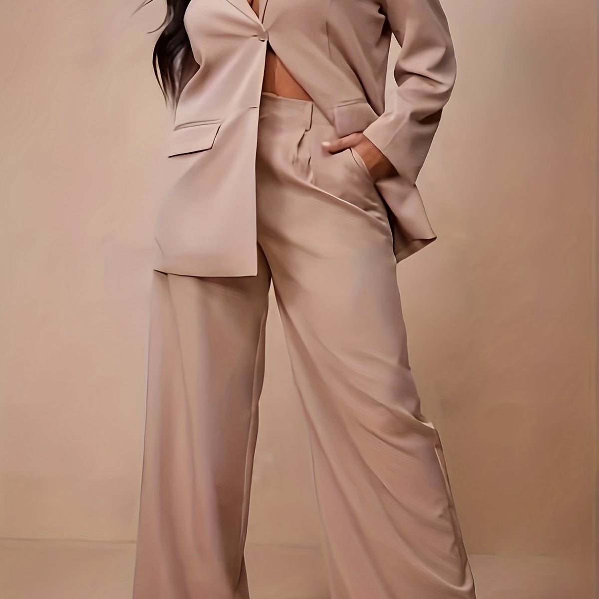  Solid Blazer & Loose Pants Set