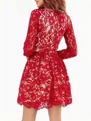  Lace Long Sleeve Surplice Neck Dress