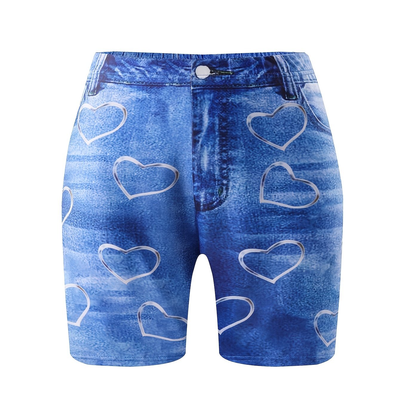  Denim & Heart Print Biker Shorts