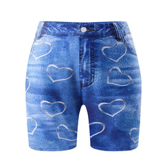  Denim & Heart Print Biker Shorts