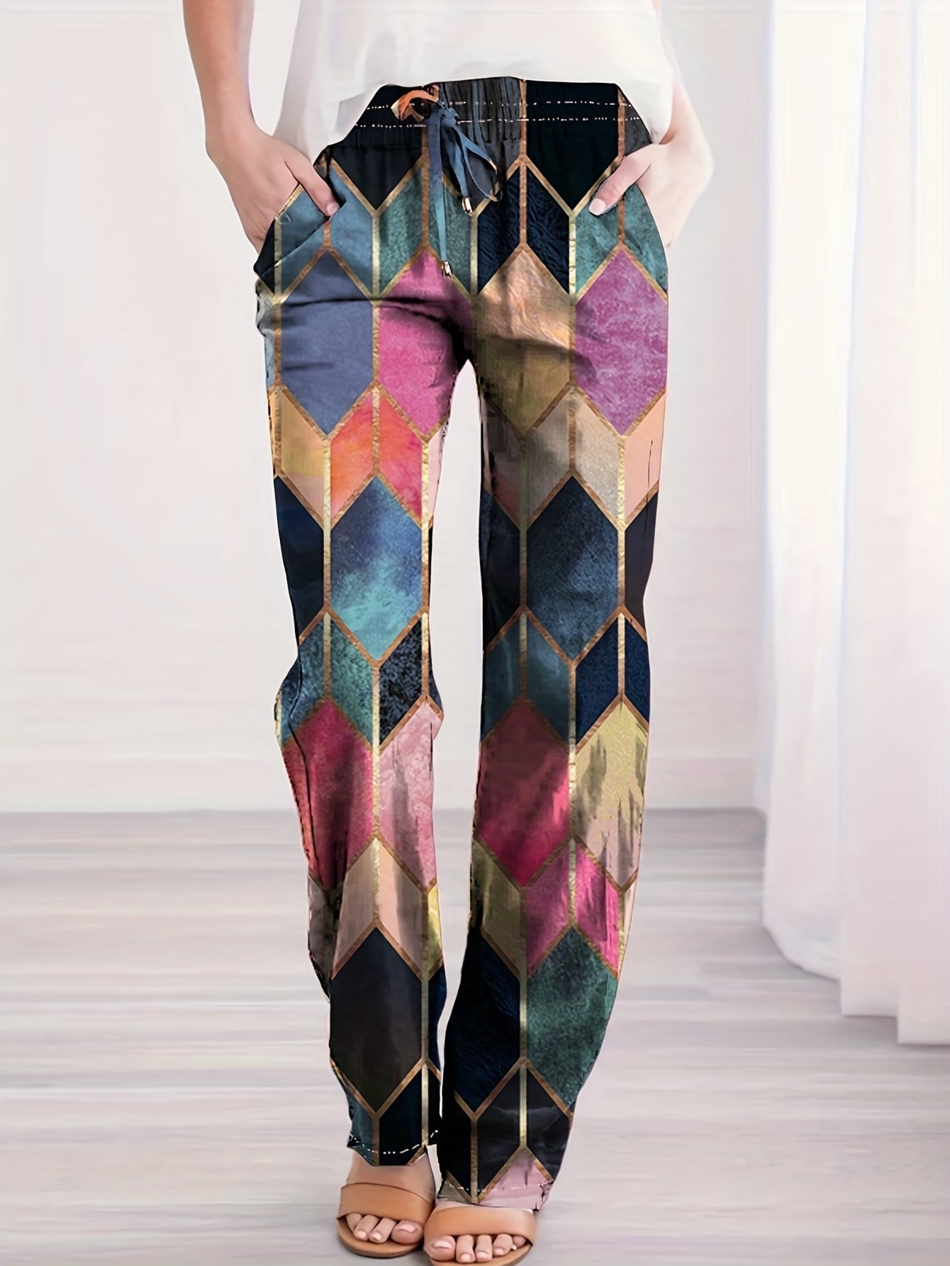  Geometric Print Straight Leg Tie Trousers