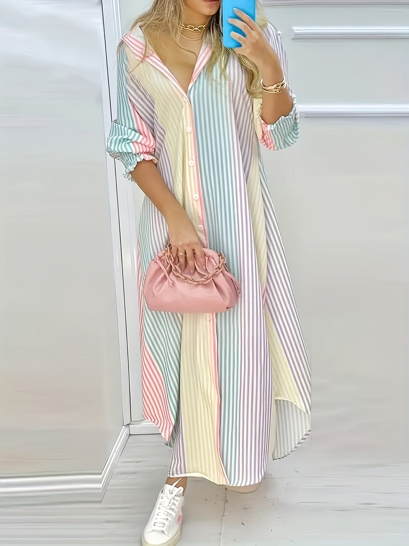  Colorful Stripe Print Long Sleeve Button Up Maxi Shirt Dress