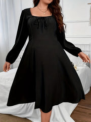  Solid Lantern Sleeve Square Neck Dress