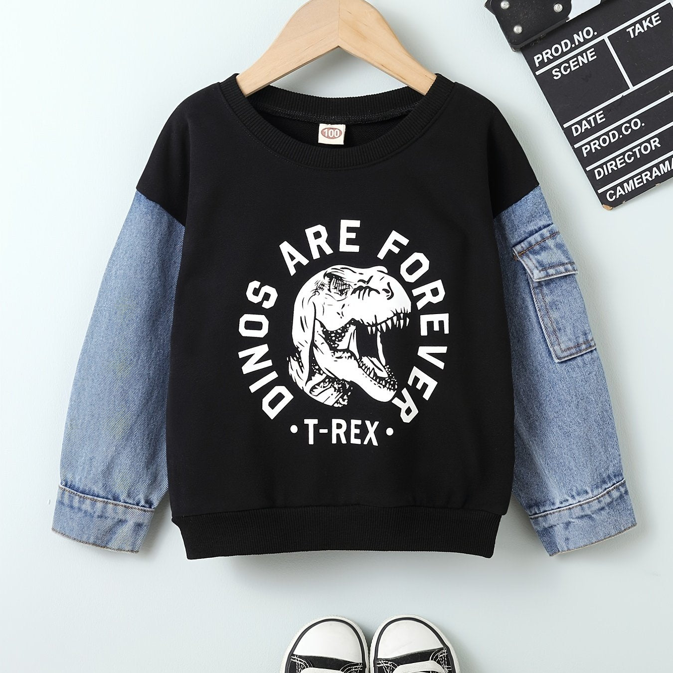 Baby Boys Denim Splicing Dinosaur Print Sweatshirt Top
